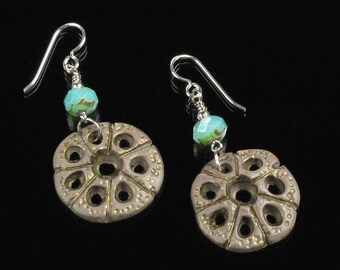 Earthy Organic Earrings, Unique Tribal Style Dangle Rustic Earrings, Aqua & Brown Clay Earrings, Unique Art Jewelry Gift for Cool Mom