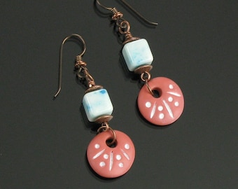 Rustic Terracotta Earrings, Earthy Copper Dangle Earrings, Blue Agate Earrings, Earthy Tribal Earrings, Unique Gift Women, Niobium Earrings