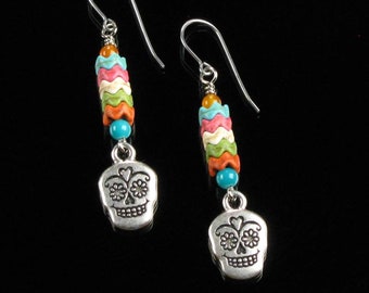 Sugar Skull Earrings, Colorful Earrings, Dia de los Muertos Dangle Earrings, Colorful Skull Jewelry, Day of the Dead Unique Gift for Teen