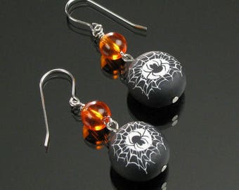 Spiderweb Earrings, Halloween Spider Earrings, Spider Jewelry, Unique Halloween Jewelry, Orange Black Insect Earrings, Gift for Her, Woman