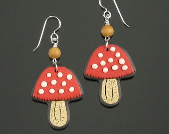 Storybook Mushroom Earrings, Red & Beige Nature Earrings, Cute Unique Handmade Art Jewelry Gift for Woman, Mother's Day Gift