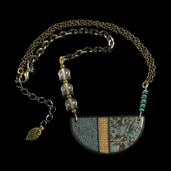 Tribal Bib Necklace - Statement Necklace - Polymer Clay Jewelry - Clay Jewelry - Antiqued Brass Jewelry - Jewelry Gift - Tribal Jewelry