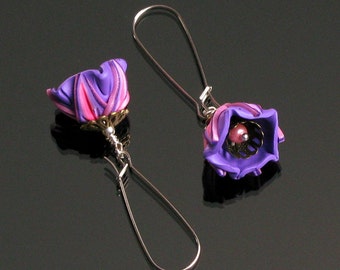 Art Deco Flower Earrings, Pink & Purple Long Silver Earrings, Floral Earring Handmade, Unique Birthday Gift for Mom, Gardener