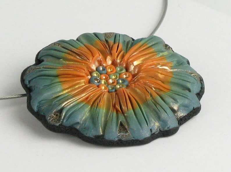 Handmade Flower Statement Necklace, Orange Blue Rustic Flower Pendant & Brooch, Unique Nature Jewelry, Mother's Day, Birthday Gift for Her image 3