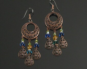 Large Copper Gypsy Earrings, Boho Long Hippie Earrings, Bohemian Jewelry Gift for Women, Wife, Birthday Gift for Girlfriend
