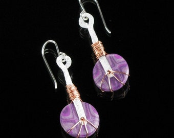 Tribal Dangle Earrings, Purple Polymer Clay Earrings, Unique Tribal Jewelry, Unique Jewelry Birthday Gift for Women, Girlfriend Gift