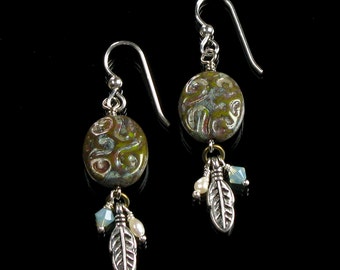 Unique Tribal Earrings with Silver Feather, Boho Dangle Earrings, Native American Jewelry Ethnic Earrings Birthday Gift for Earthy Women