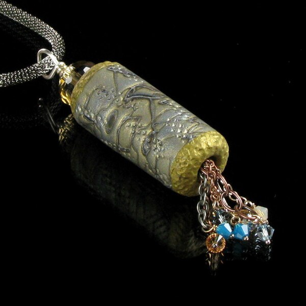 Talisman Pendant Necklace, Statement Necklace, Polymer Clay Mokume Gane Art Jewelry, Unique Silver & Gold Pendant, Unique Gift for Women