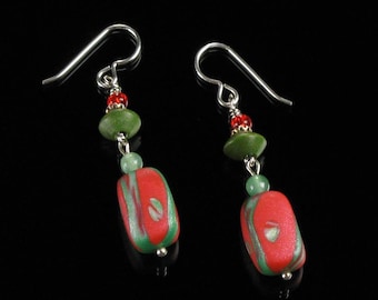 Abstract Art Christmas Earrings, Christmas Jewelry, Clay Earrings, Long Holiday Earrings, Green Red Dangle Earring, Christmas Gift Earrings