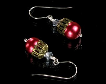 Red Pearl Drop Earrings, Brass & Pearl Jewelry, Simple Earrings, Unique Birthday Gift for Her, Wife, Girlfriend Gift, Mom Gift