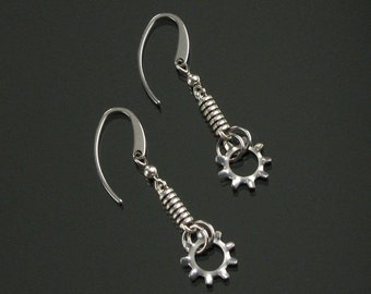 Silver Gear Earrings, Petite Minimalist Earrings, Unique Industrial Science Geek Dangle, Unisex Gift