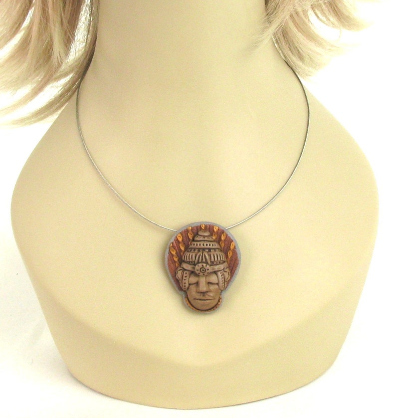 Tribal Talisman Necklace, Sculpted Face Pendant Art Jewelry, Unique Brooch, Art Pin Gift for Women image 4