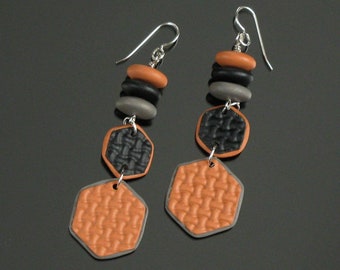 Terracotta & Black Hexagon Earrings, Unique Handmade Long Lightweight Earrings, Unique Modern Jewelry Gift for Her, Women, Girlfriend