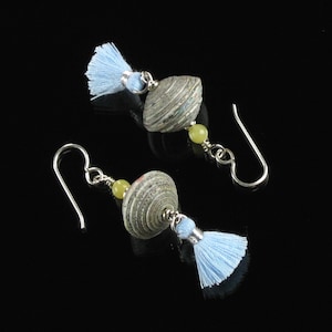 Blue Tassel Silver Earrings, Boho Dangle Paper Bead Earrings, Unique Lightweight Earrings, Silver Tassel Jewelry, Birthday Gift for Friend