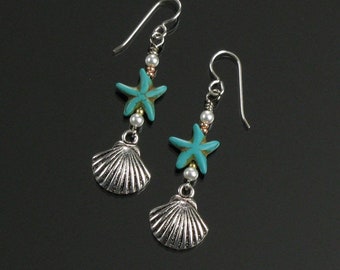 Silver Seashell Earrings, Starfish Dangle, Unique Beach Earrings, Ocean Resort Earrings, Handmade Birthday Gift for Mom, Friend