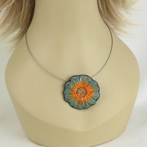 Handmade Flower Statement Necklace, Orange Blue Rustic Flower Pendant & Brooch, Unique Nature Jewelry, Mother's Day, Birthday Gift for Her image 9