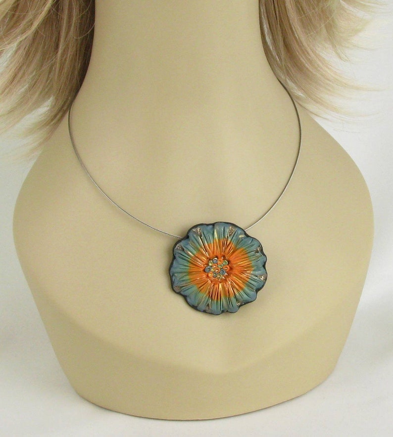 Handmade Flower Statement Necklace, Orange Blue Rustic Flower Pendant & Brooch, Unique Nature Jewelry, Mother's Day, Birthday Gift for Her image 9