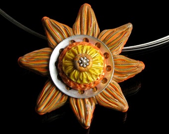 Whimsical Flower Pendant, Unique Orange Clay Floral Necklace, Nature Jewelry Gift for Women, Handmade Art Jewelry Gift for Mom