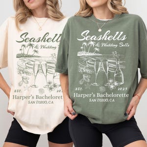Seashells and Wedding Bells Bachelorette Shirt Custom Location Bach Shirt Martinis Bikinis Beach Bachelorette Party Tee Coastal Bridal Party