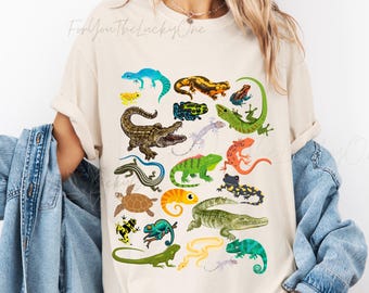 Reptile Species Shirt, Lizard Snake Gecko Crocodile Chameleon Tee, Amphibian Herpetology T-Shirt, Colorful Animal Lover Gift for Kids Adults