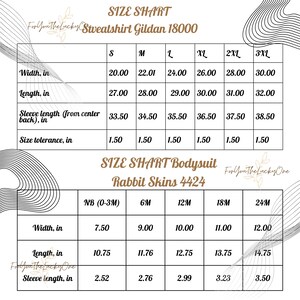 May include: Size chart for Gildan 18000 sweatshirts and Rabbit Skins 4424 bodysuits. The chart displays measurements in inches for width, length, and sleeve length, along with size tolerance. Sizes range from S to 3XL for sweatshirts and NB to 24M for bodysuits.