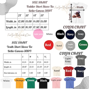 May include: Size charts for toddler and youth short sleeve tees, including width and length measurements in inches. Color options include white, black, navy, gray, red, and more. The text "For You The Lucky One" is also visible.