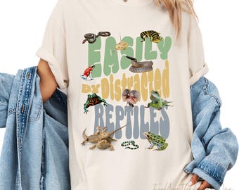 Bluza z nadrukiem "Łatwo rozpraszający uwagę gadów" Zabawna koszulka z jaszczurką Prezent dla miłośnika gadów Wąż Gekon Żaba Kameleon Koszulka Retro Graficzna Herpetologia
