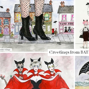 May include: A collage of illustrations featuring a model village with a giant pair of black boots, three women dressed as vampires, and a woman with a bat on her head. The text "Greetings from BATL" is visible in the image.
