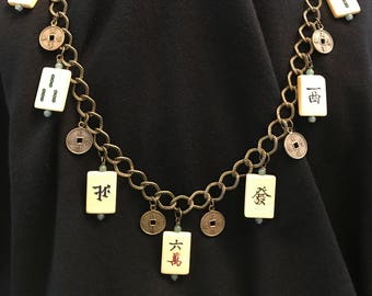 Mahjong, Chinese coin and Jade bead necklace and earring  set, beautifully set on antiqued Brass chain