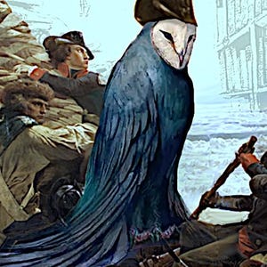 Puede incluir: Obra de arte digital que presenta un búho azul con cara blanca y sombrero, superpuesto a una pintura histórica de una escena de batalla. El búho es el punto focal, con soldados y un barco en el fondo.
