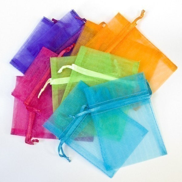 100 Organza Bags, 3x4 inch, multi color jewel tones, orange, hot pink, purple, bright green, aqua