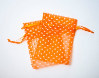 30 Polka Dot Organza Bags, 3x4 inch, Orange with White Dots, Wedding Favors