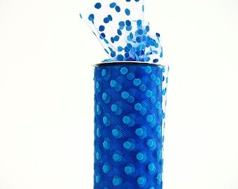 Polka Dot Tulle Spool, Bright Blue, Aqua, 6 inches wide, 25 yards