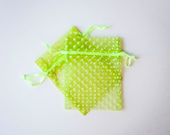 Lime Green Polka Dot Organza Bags, 3x4 inch, Lime with White Dots, 30 Count