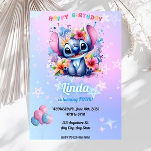 Watercolor Stitch Editable Birthday Party Invitation Template, Stitch Cartoon Watercolor Birthday Invite, Canva Template, Digital Download