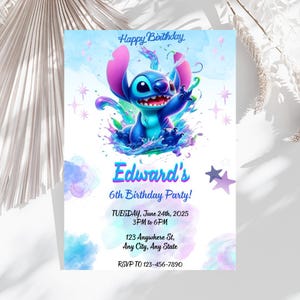 Watercolor Stitch Editable Birthday Party Invitation Template, Editable Cartoon Birthday Invite, Canva Template Kids Bday, Digital Download