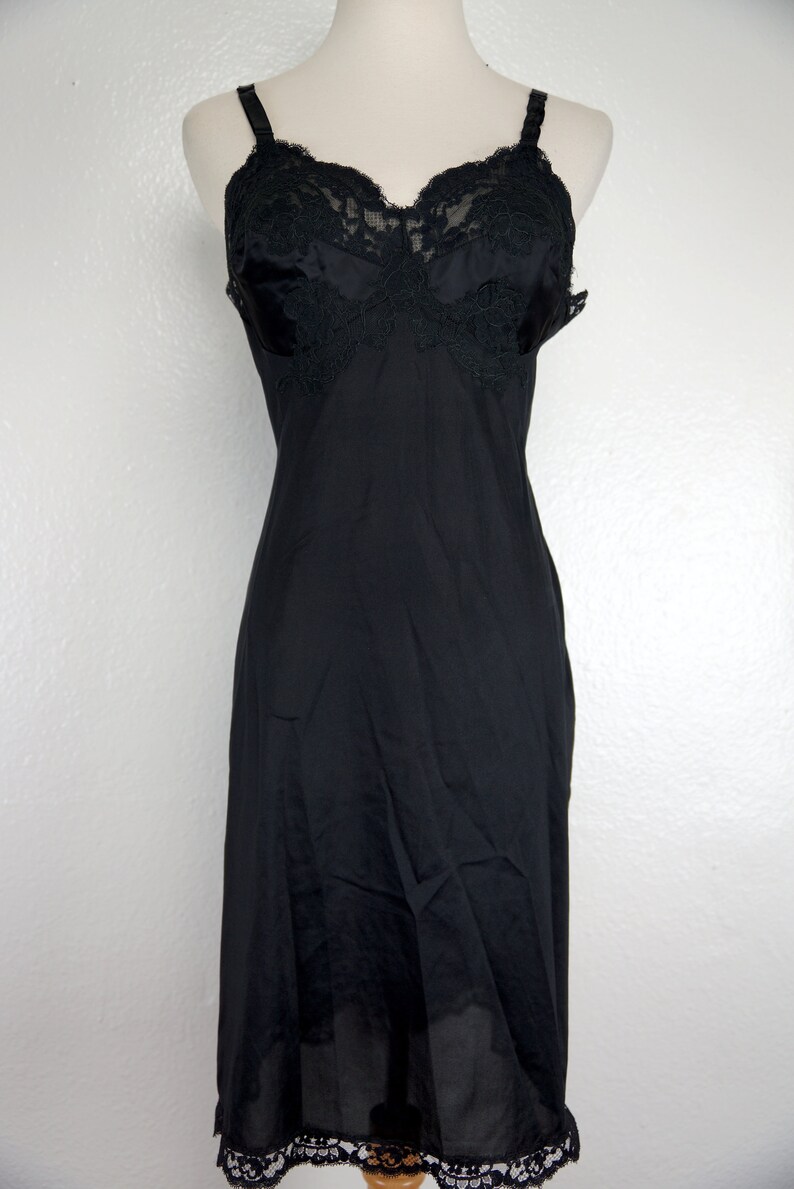 Black Slip Dress Full Gossard Artemis 1960s Negligee Nightie Lace Fitted Satin 60s Lingerie