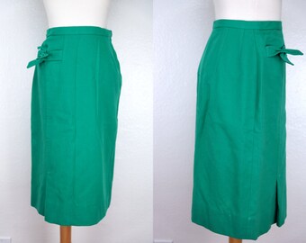 1960s Dalton Pencil Skirt Green Emerald Wool Fitted Secretary Wiggle Small Bow