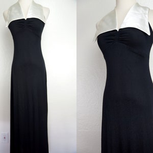 Black Maxi Dress Disco Collar White Satin Small 1970s Sleeveless Fitted Floor Length 70s image 1