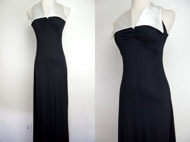 Black Maxi Dress Disco Collar White Satin Small 1970s Sleeveless Fitted Floor Length 70s image 1