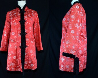 Red Damask Jacket Faux Lambswool Satin Asian Coat Flower Embroidered Small Medium Oriental 1960s