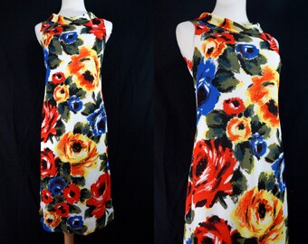 Shift Dress Cowl Neck 1960s Mod Floral Rainbow Sleeveless Watercolor Bold Print Small Medium Glazier