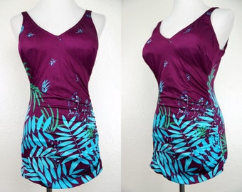 Purple Swimsuit Leaf Print Pinup Bathing Suit One Piece Backless Skirt Bra Medium