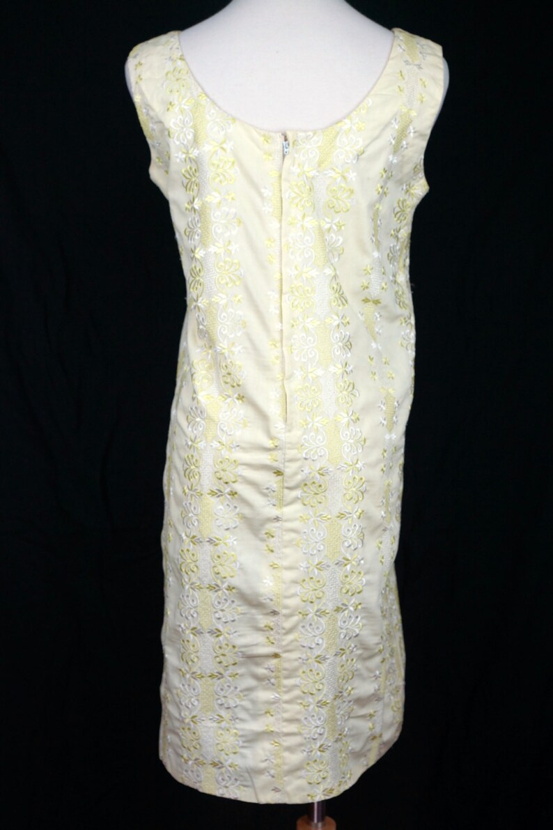 1960s Yellow Eyelet Embroidered Shift Dress Sleeveless Small Medium Mod image 5