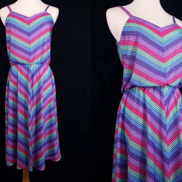 1970s Chevron Striped Sun Dress Cotton Jersey Oops California Small Medium Fit and Flare