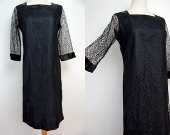 Black Lace Shift 1960s Long Sleeve Knee Length Medium Square Neck Cocktail 60s Mod