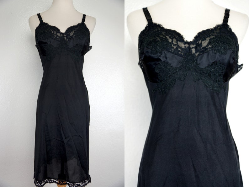 Black Slip Dress Full Gossard Artemis 1960s Negligee Nightie Lace Fitted Satin 60s Lingerie