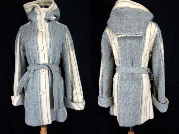 Striped Wool Coat Hooded Belted Button Jacket Urug