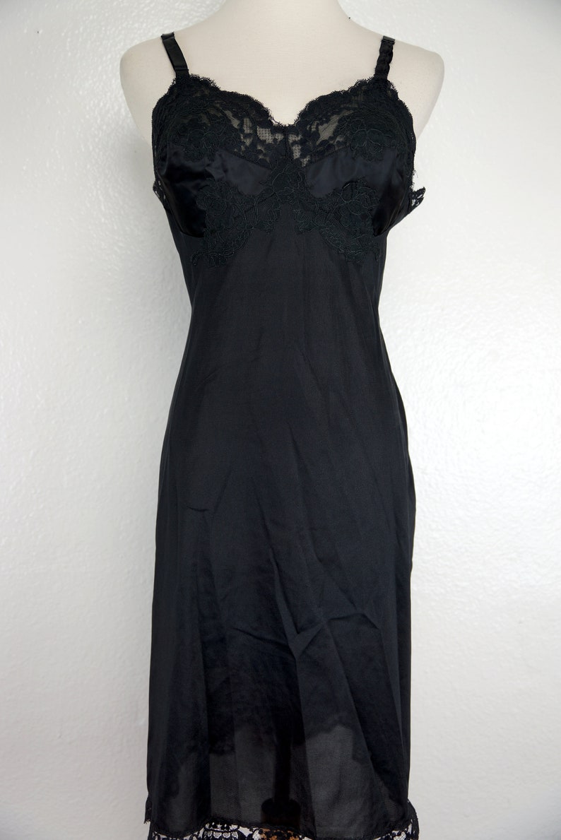 Black Slip Dress Full Gossard Artemis 1960s Negligee Nightie Lace Fitted Satin 60s Lingerie