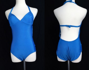 Blue Halter Swimsuit Bathing Suit Backless 1970s Small Swimwear Low Hip Sassafras